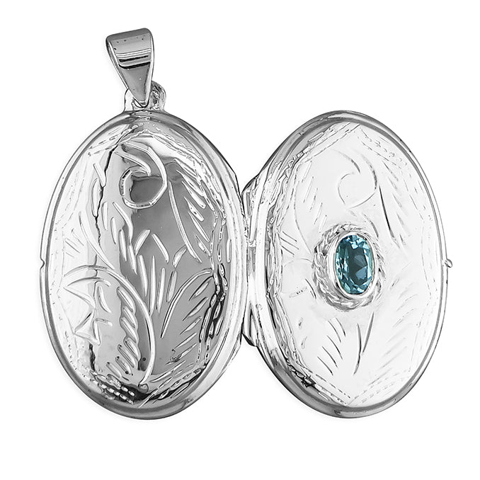 Joli Beau Sterling Silver Engraved Blue Topaz Large Oval Locket
