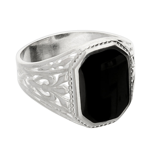 Sterling Silver Decorative Men's Jet Signet Ring