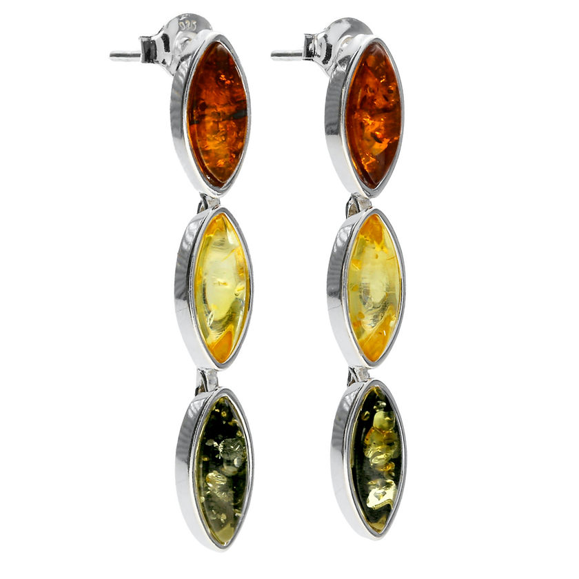 Joli Beau Sterling Silver Three Colour Marquis Shaped Drop Baltic Amber Earrings