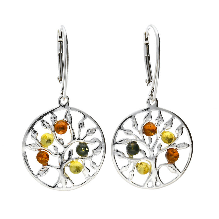 Amber Tree of Life Drop Earrings Sterling Silver