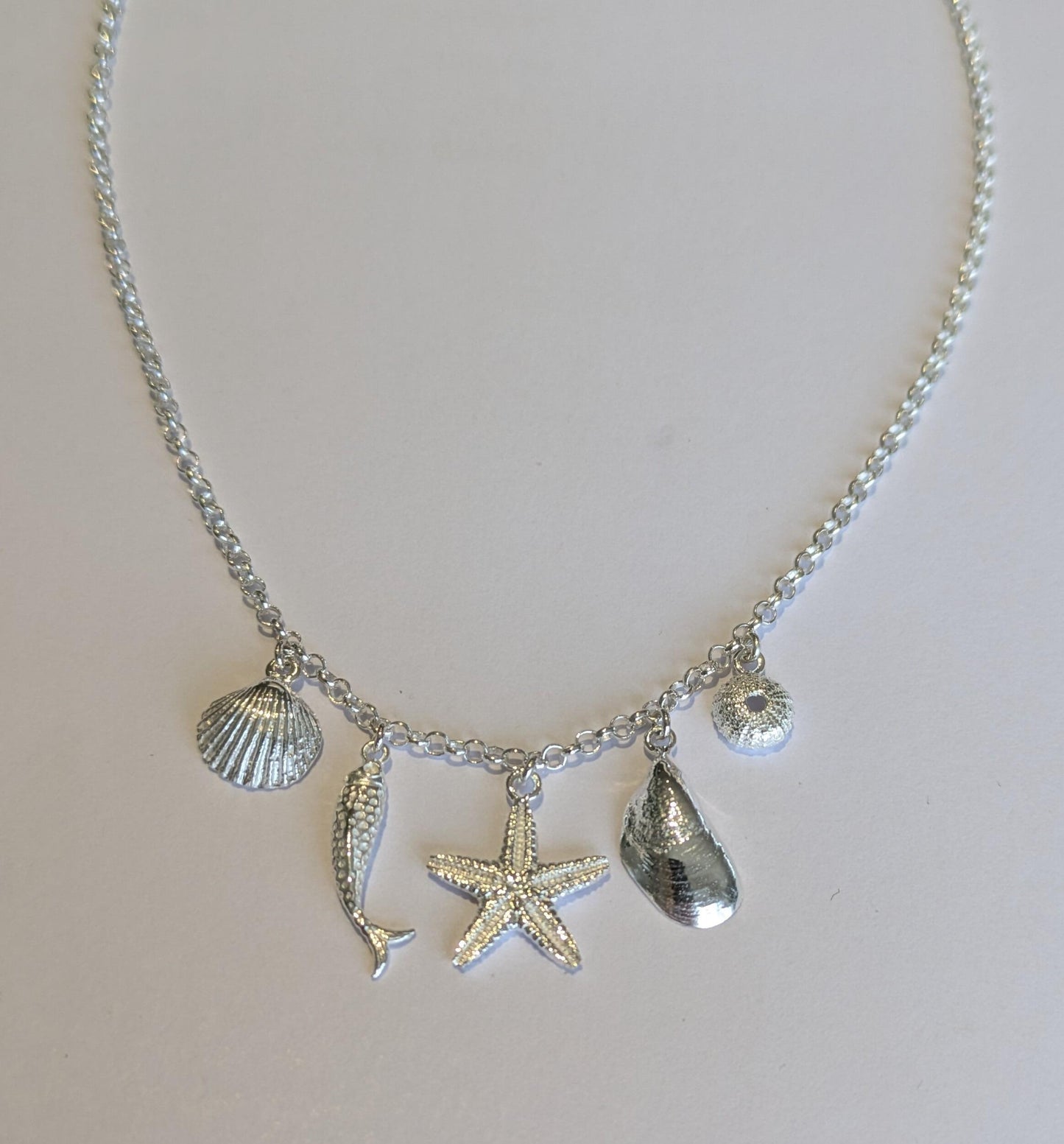 Sterling Silver sea Shell five Charm Necklace