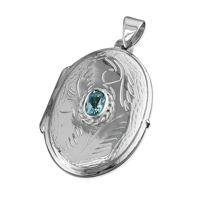 Joli Beau Sterling Silver Engraved Blue Topaz Large Oval Locket