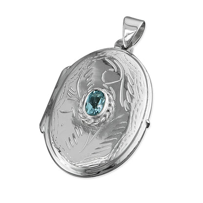 Joli Beau Sterling Silver Engraved Blue Topaz Large Oval Locket