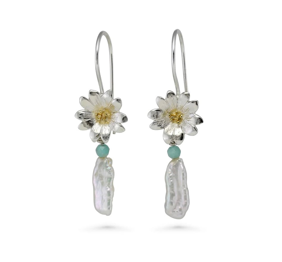 Sterling Silver Daisy Flower & Pearl Drop Earring