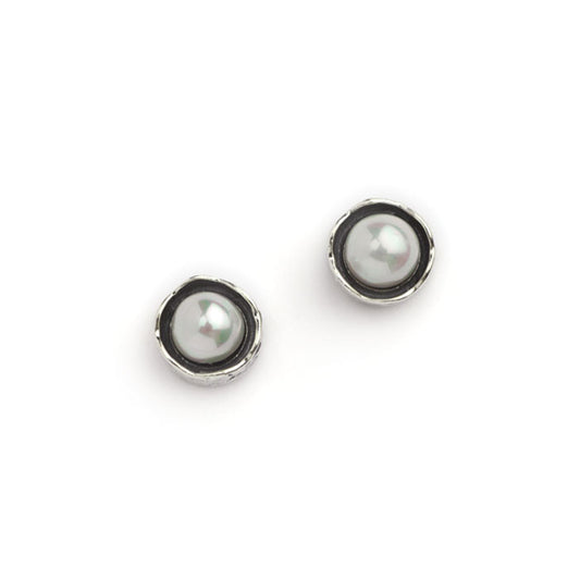 silver stud earrings, featuring lustrous white pearls set in oxidised silver for a sophisticated, contemporary finish