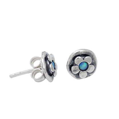 Joli Beau Sterling Silver Oxidised Small Round Daisy & Opalite Stud Earrings