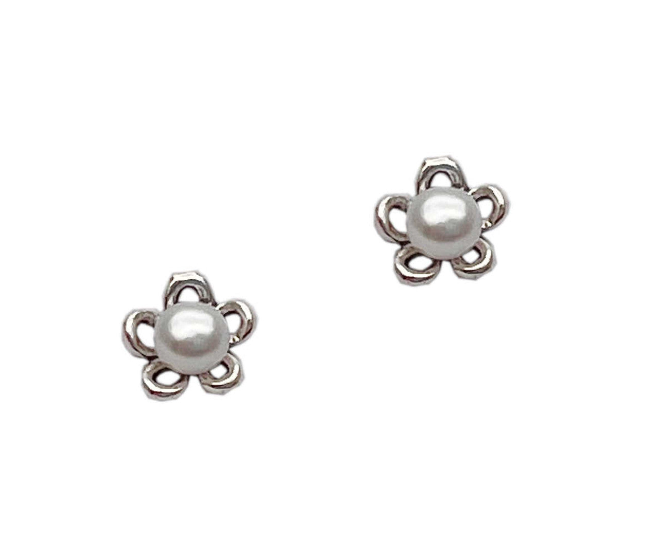 sterling silver studs featuring genuine white freshwater pearls set within a refined floral motif