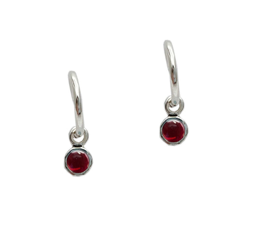 Textured Sterling Silver Round Garnet Small Hoop Earrings