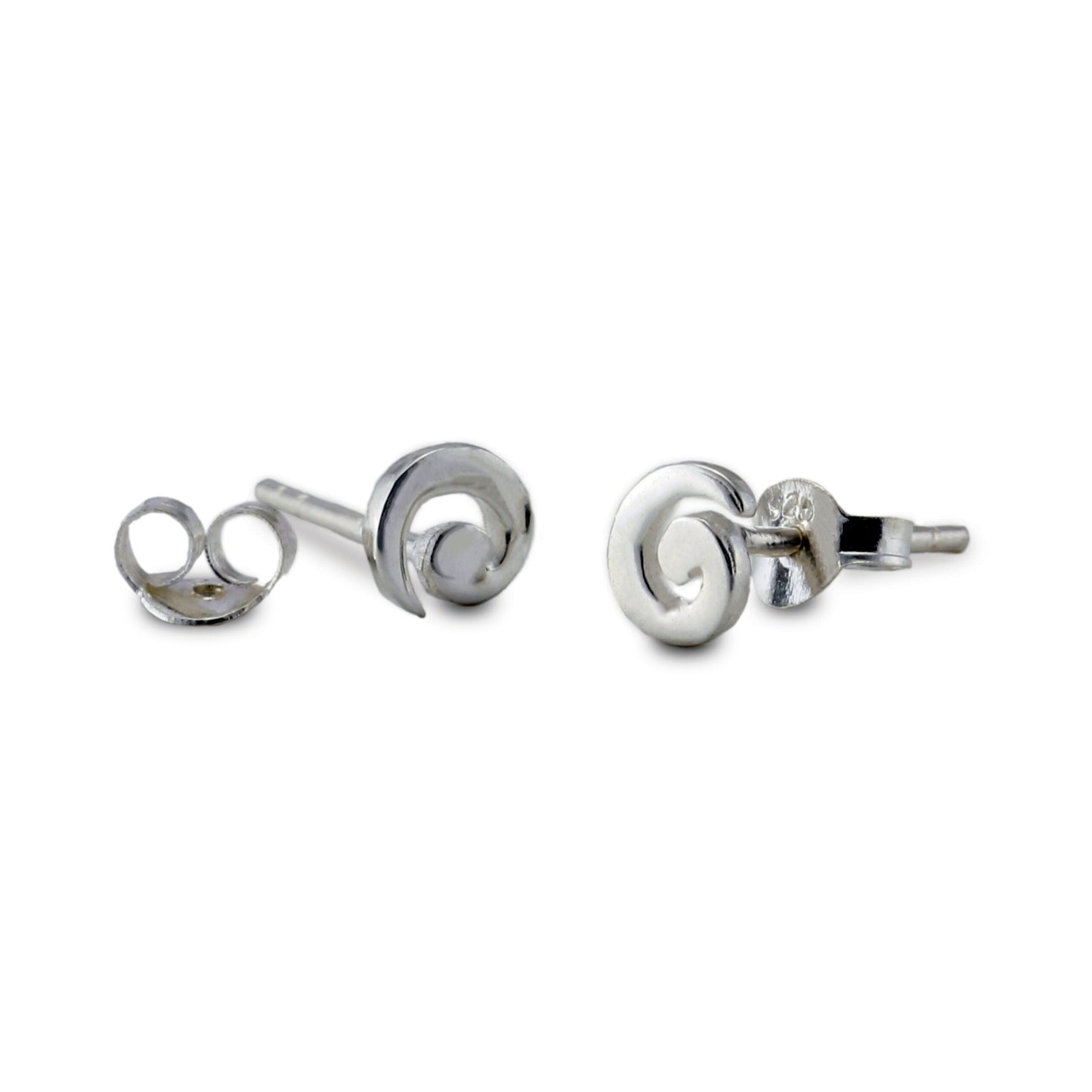 Pair of silver spiral earrings on a white background