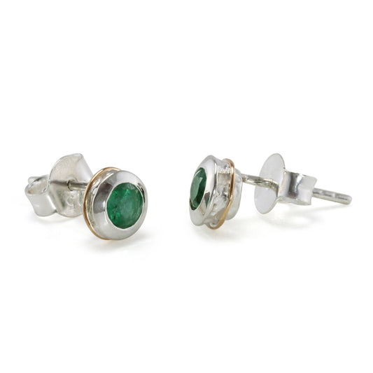 Sterling Silver Emerald Stud Earrings With 14 carat Gold Detail