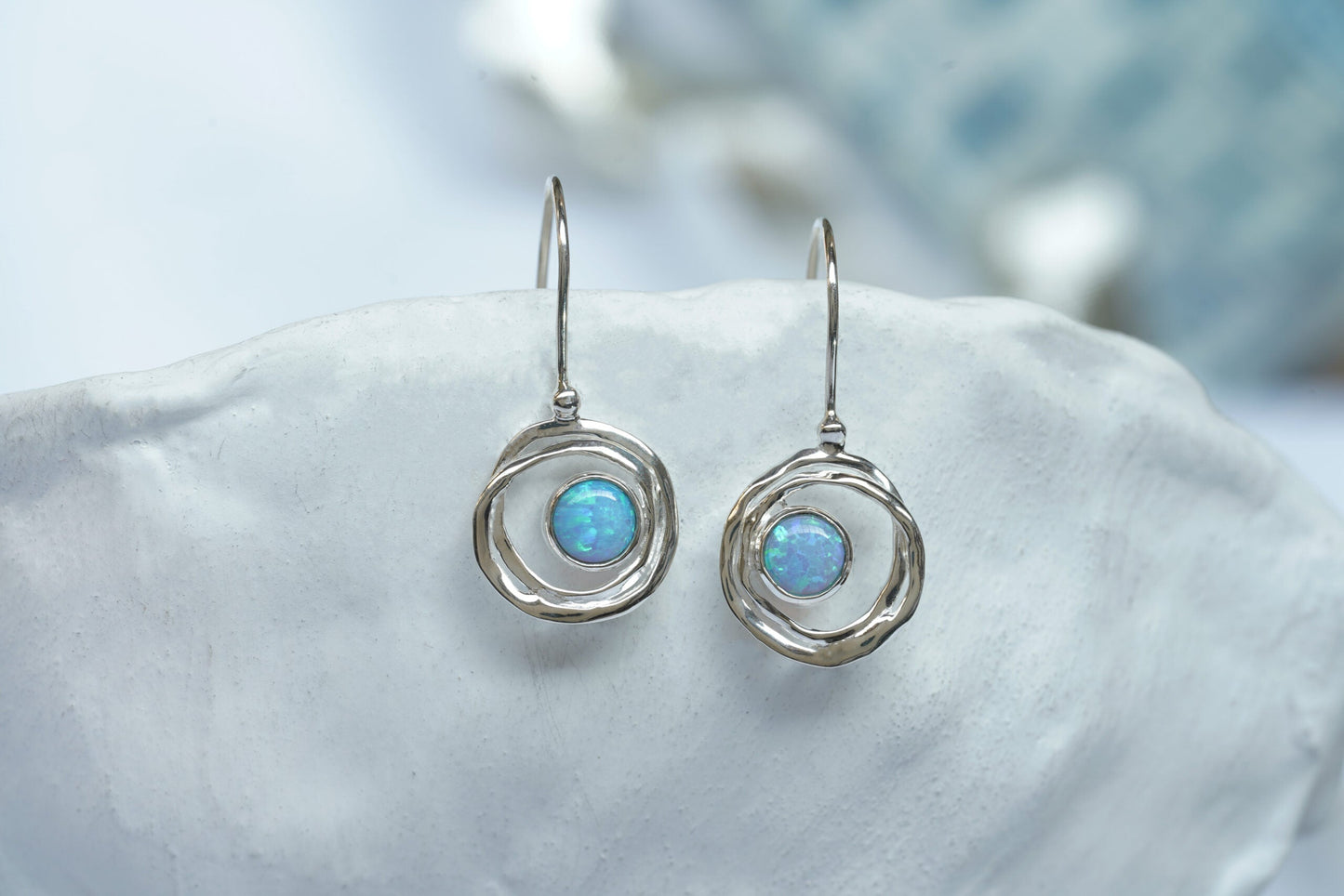 Joli Beau Sterling Silver French Hook Open Circular Opalite Drop Earrings