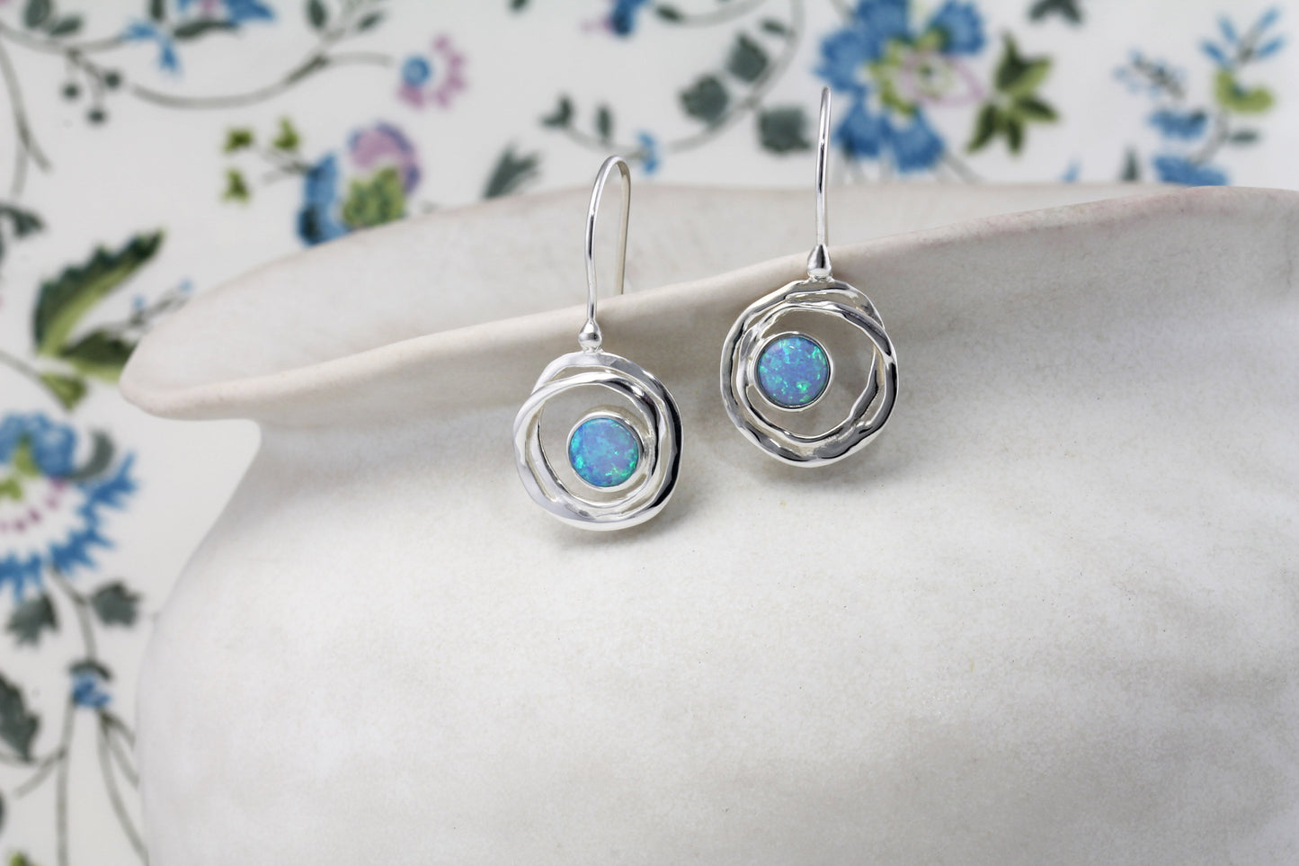 Joli Beau Sterling Silver French Hook Open Circular Opalite Drop Earrings