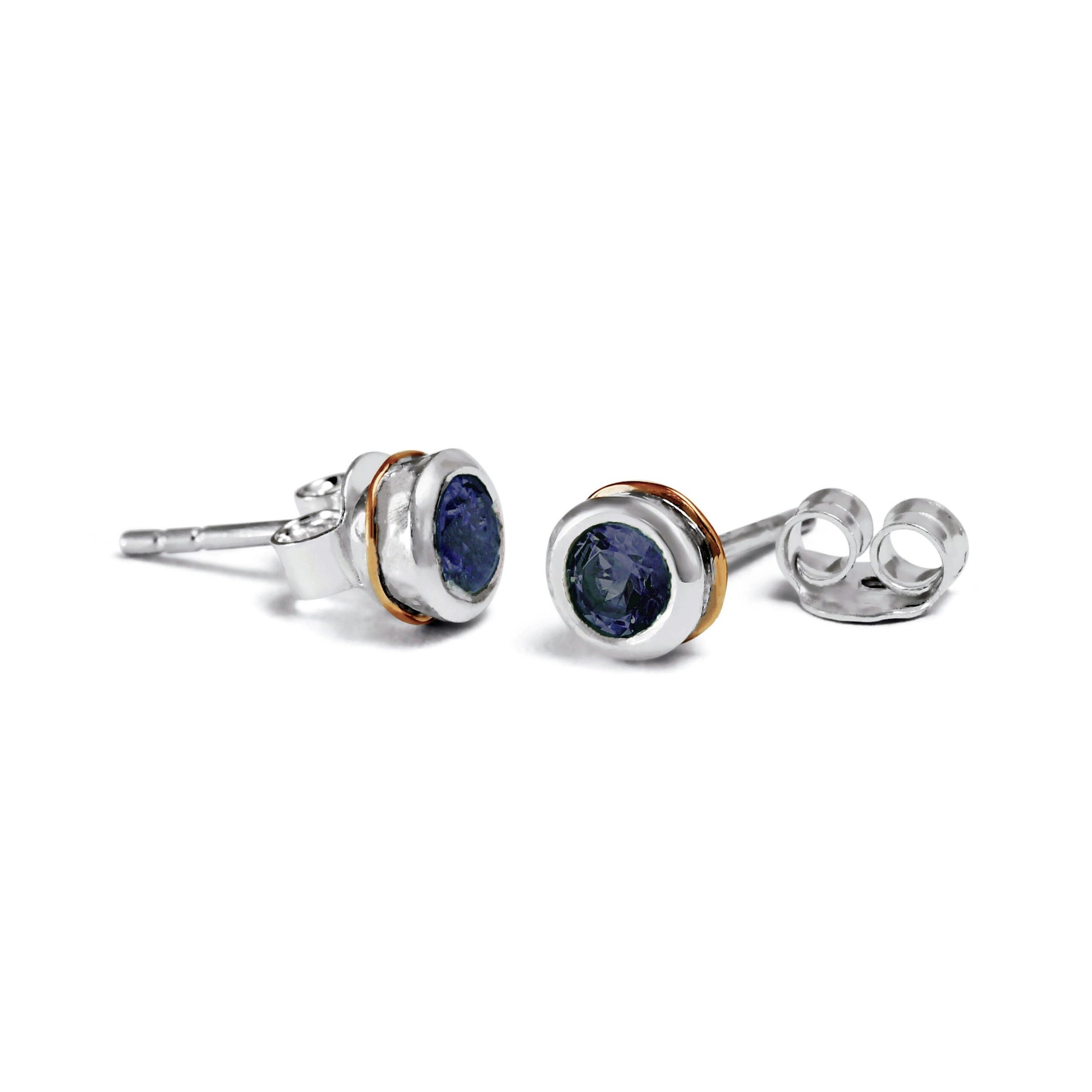 Sterling Silver Blue Sapphire Studs with 14 carat Gold Detail
