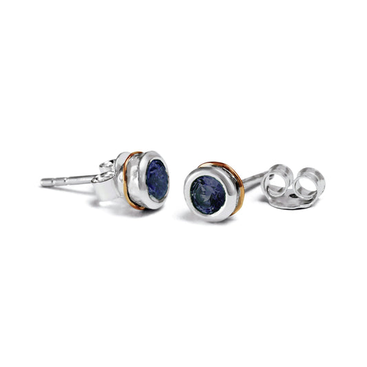 Sterling Silver Blue Sapphire Studs with 14 carat Gold Detail
