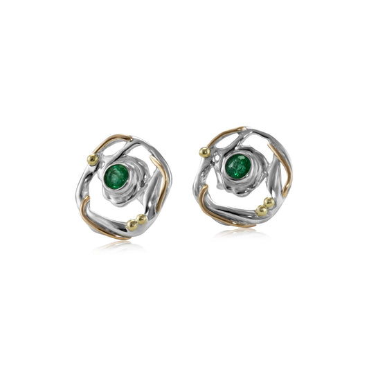 Sterling Silver Circular Mixed Metal Round Emerald Stud Earrings