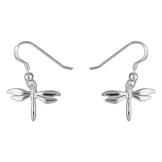 Polished Sterling Silver Dainty Dragonfly Drop Hook Earrings