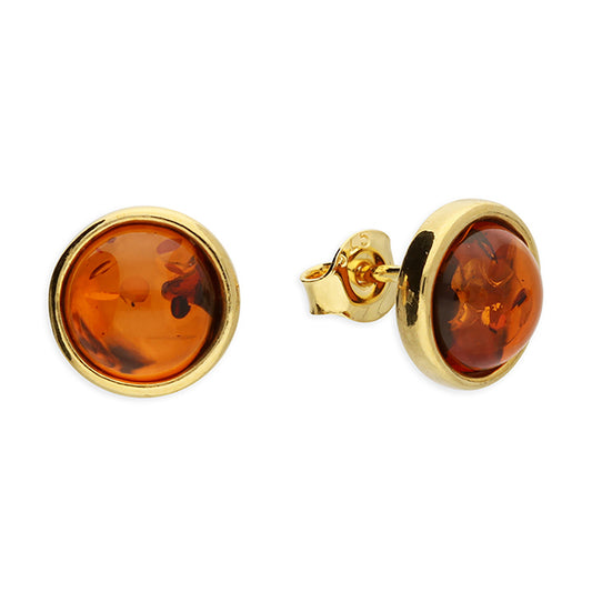 Joli Beau Sterling Silver Yellow Gold Vermeil Large Round Baltic Amber Stud Earrings