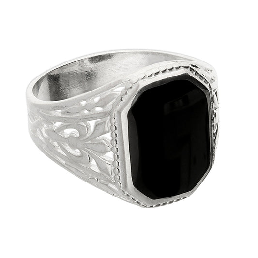 Sterling Silver Decorative Men's Jet Signet Ring