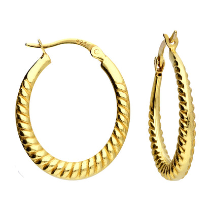Gold hoop earrings with a textured design on a white background