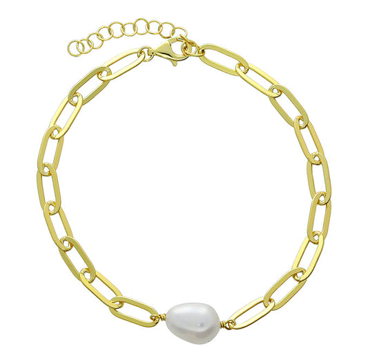 Dainty Sterling Silver 14 carat Yellow Gold Vermeil Paper Clip Freshwater Pearl Bracelet