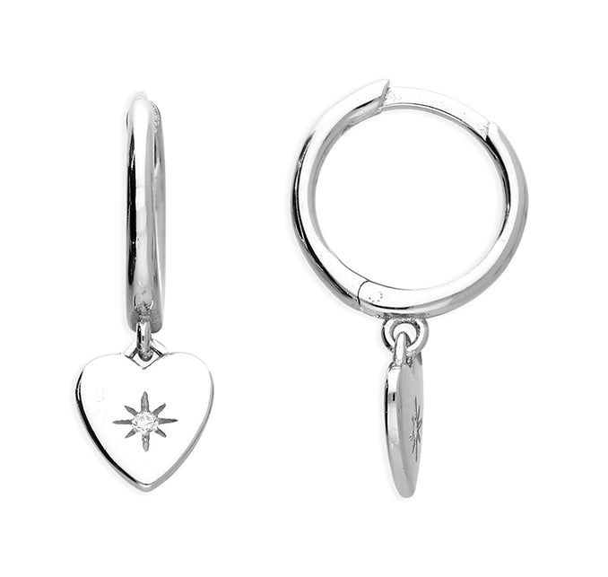 Sterling Silver Heart Drop Hoop Earrings
