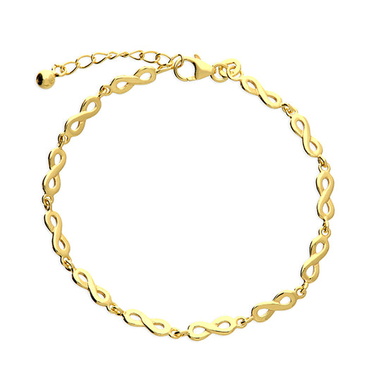 Gold bracelet with intricate links on a white background