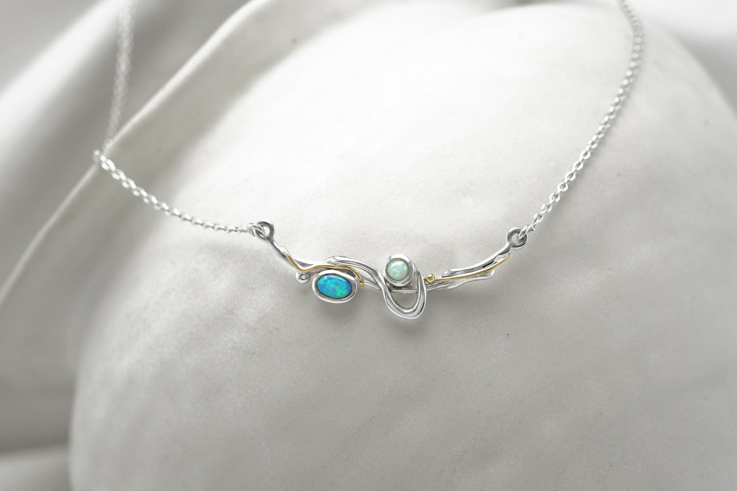 Sterling Silver Inline Opalite & 14 carat Yellow Gold Detailed Necklace