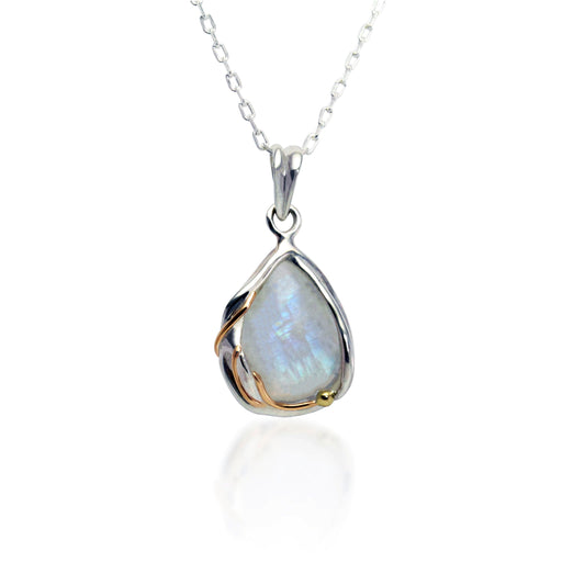 Sterling Silver 7 14 carat Yellow Gold Detailed Rainbow Moonstone Droplet Pendant Necklace