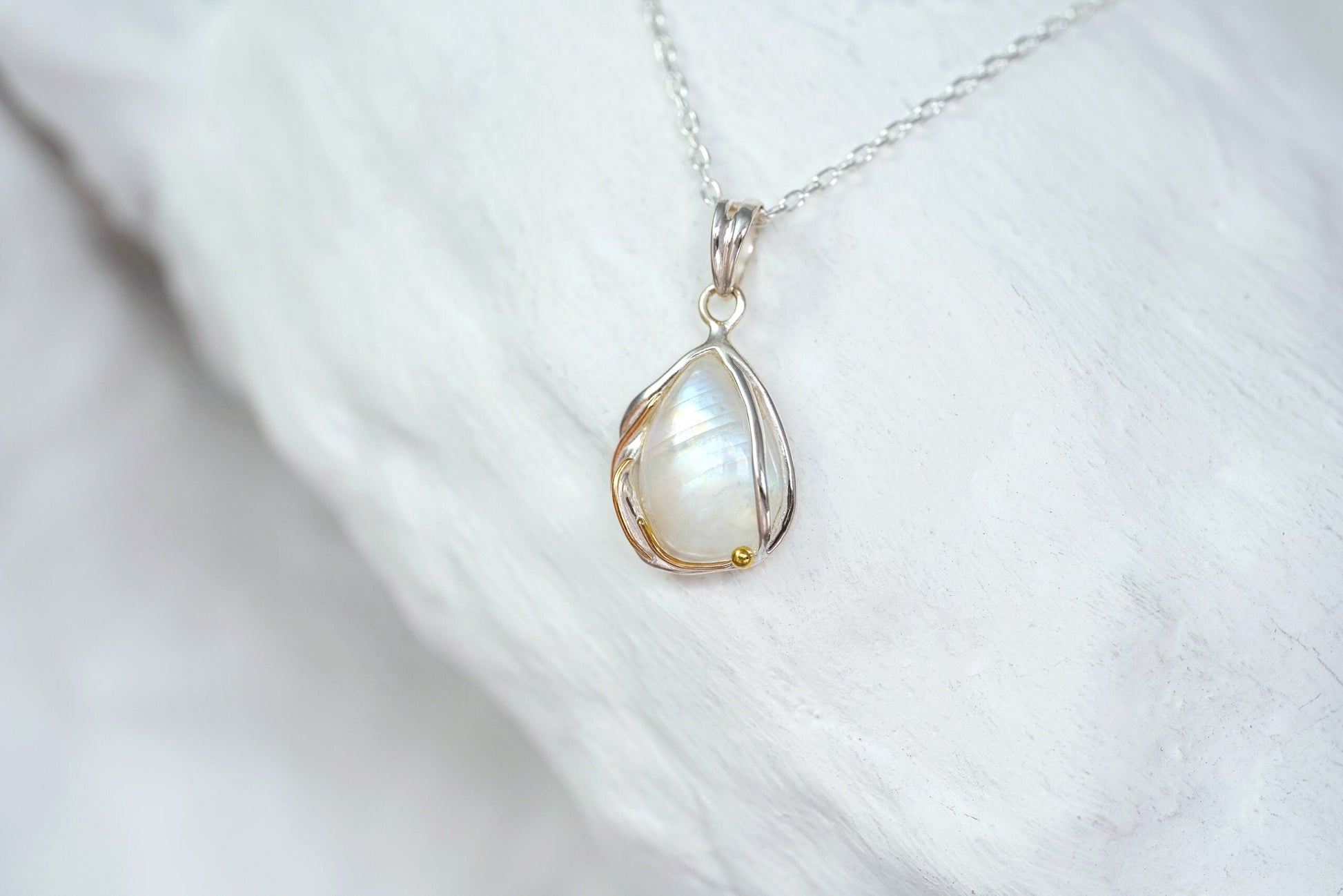 Sterling Silver 14 carat Yellow Gold Detailed Rainbow Moonstone Droplet Pendant Necklace