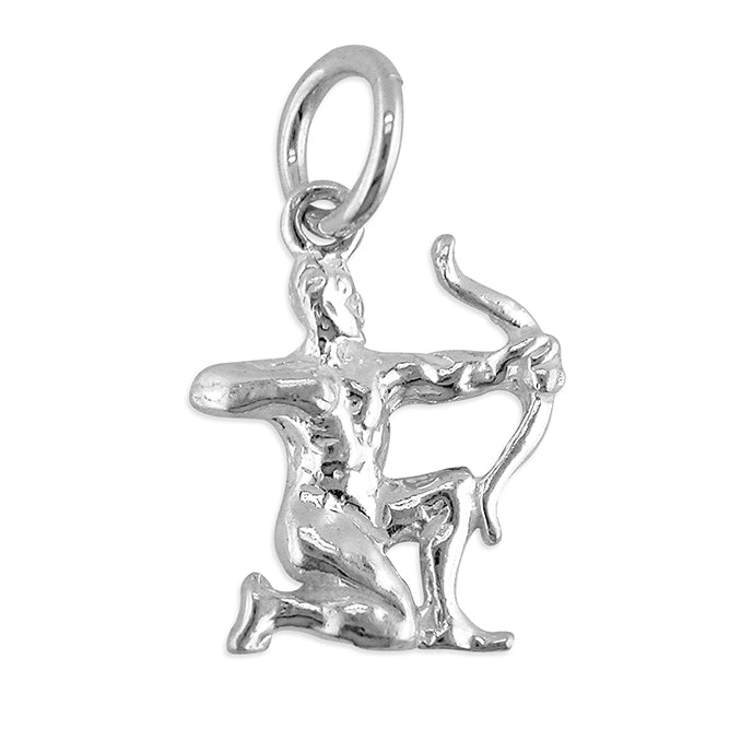 Silver Sagittarius zodiac charm on a white background