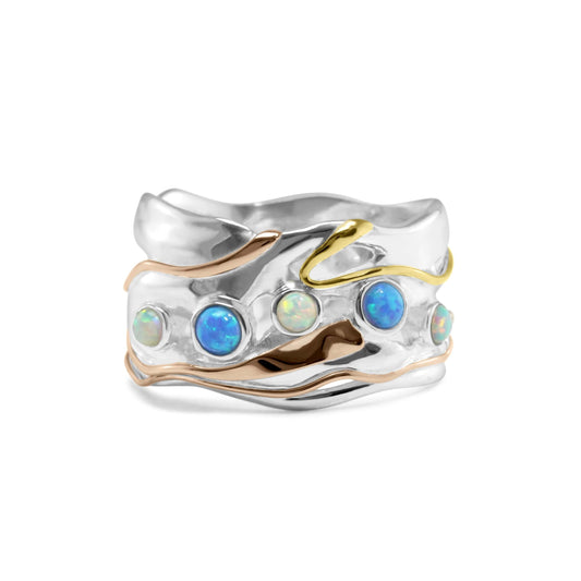 Wide Silver Mixed Metal Yellow & Rose Gold Ring set with Blue Opalite Stones
2mm Wide Face Up

