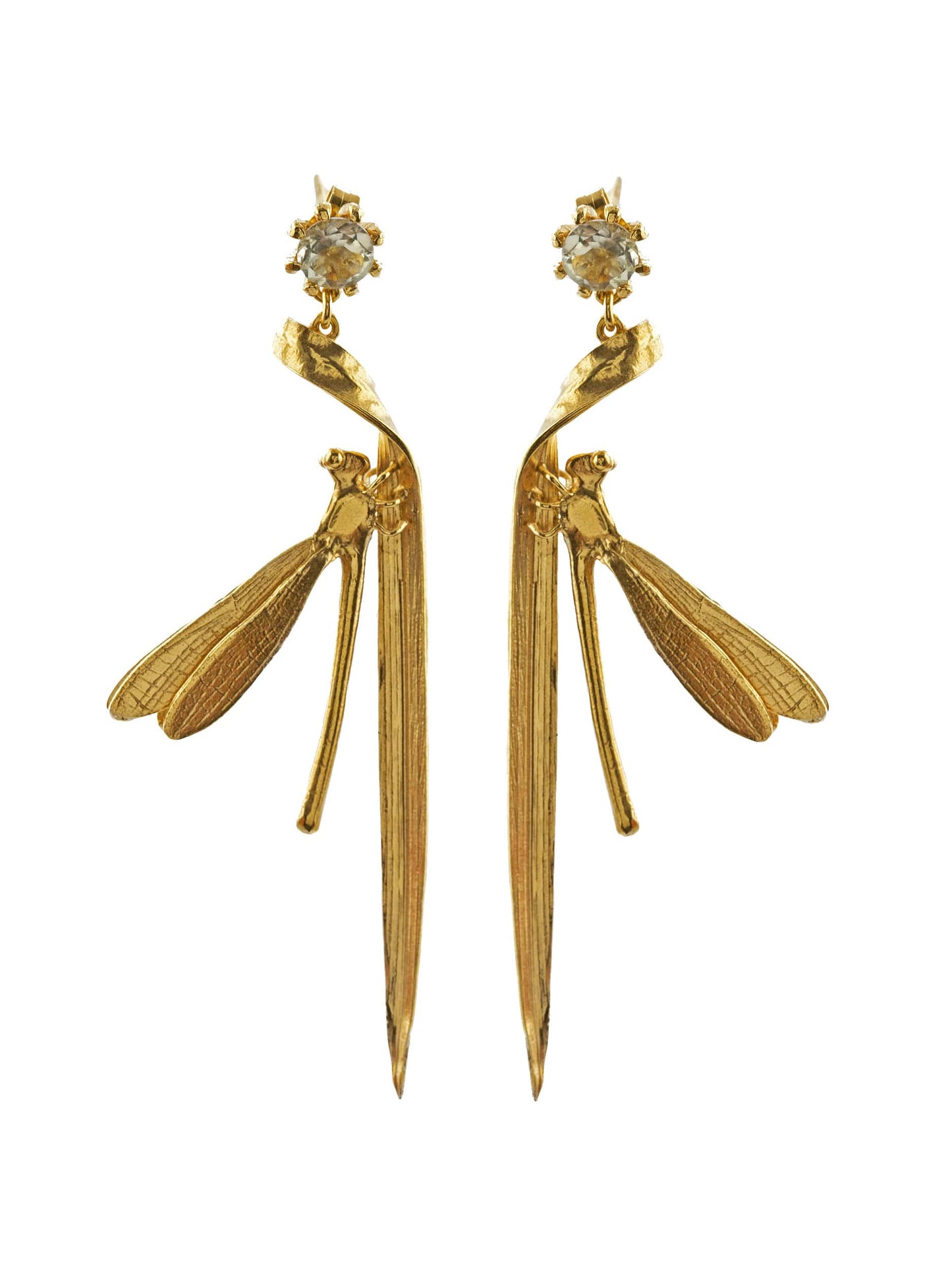Alex Monroe Statement 18 carat Vermeil Damsel Fly & Grassblade Green Amethyst Drop Earrings