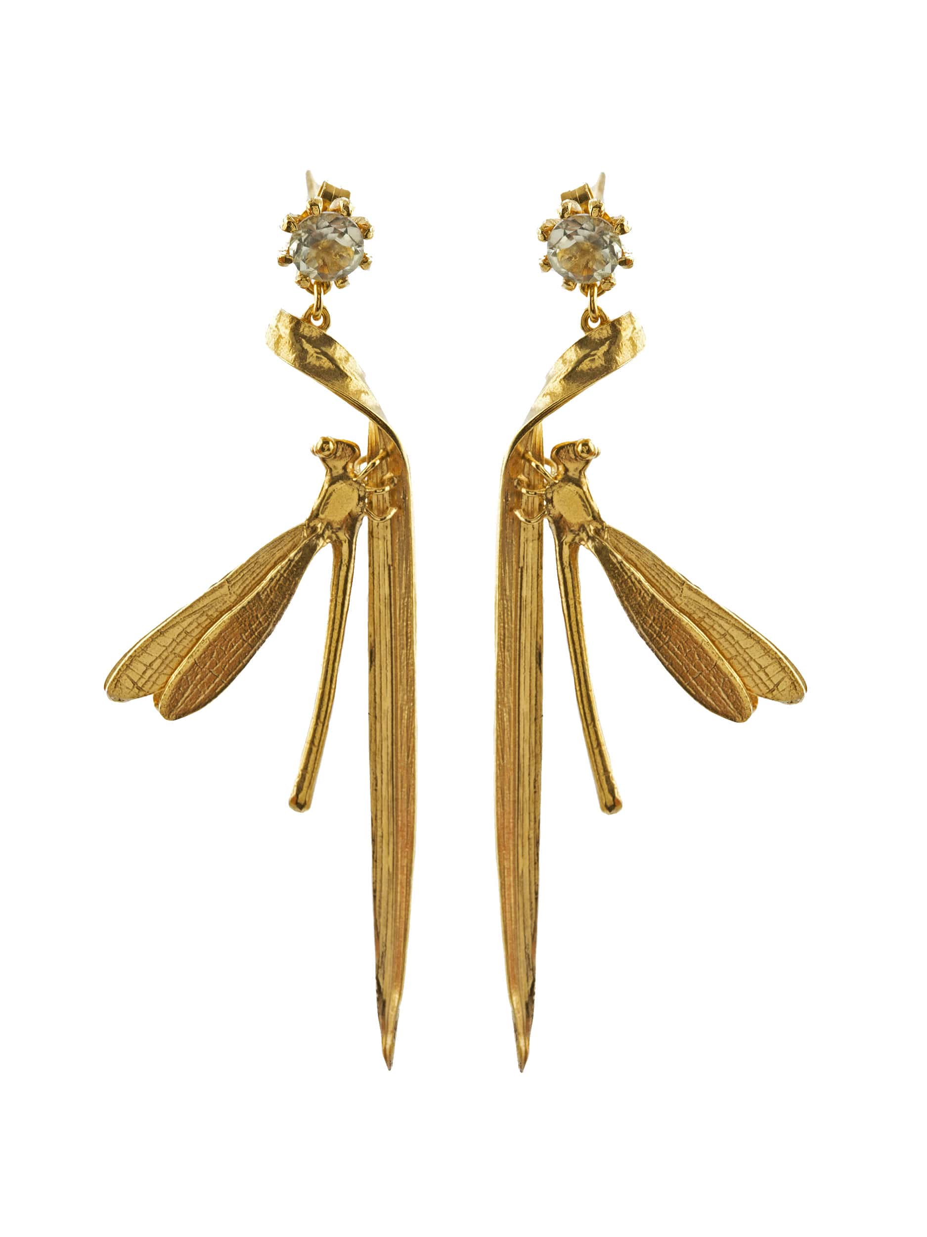 Alex Monroe Statement 18 carat Vermeil Damsel Fly & Grassblade Green Amethyst Drop Earrings