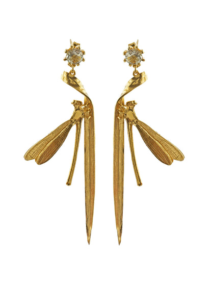 Alex Monroe Statement 18 carat Vermeil Damsel Fly & Grassblade Green Amethyst Drop Earrings