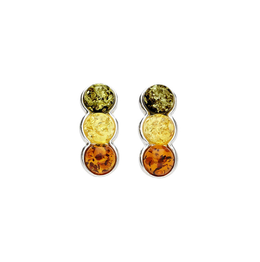 Sterling Silver Three Colour Green Brown and yellow Baltic Amber Stud Earrings