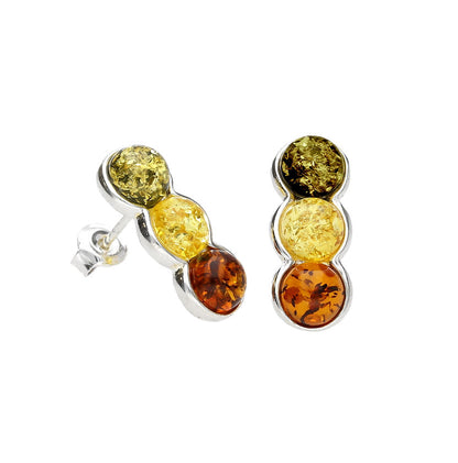 Joli Beau Sterling Silver Three Stone Bar Shaped Baltic Amber Stud Earrings