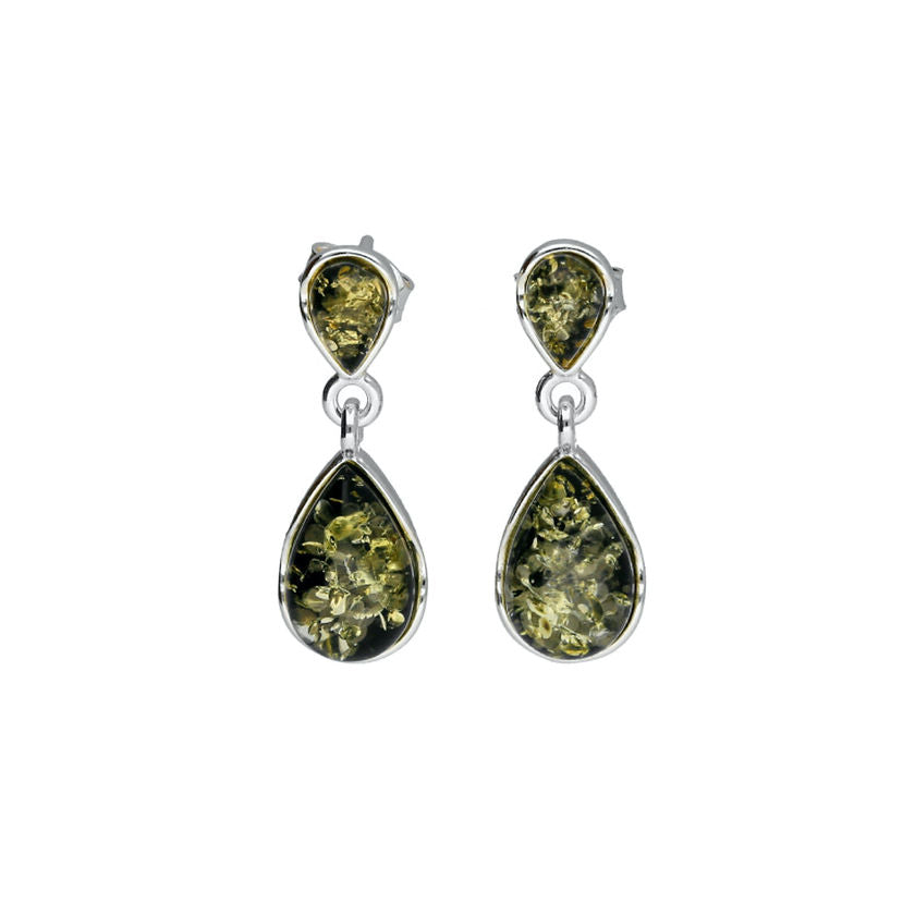 Sterling silver Baltic Green Amber dainty  Pear Shape Drop Earrings