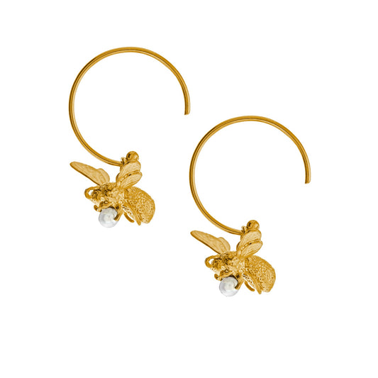 Alex Monroe 22 carat Yellow Gold Flying Bee with Pearl Hoop Earrings