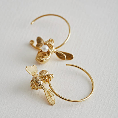 Alex Monroe 22 carat Yellow Gold Flying Bee with Pearl Hoop Earrings