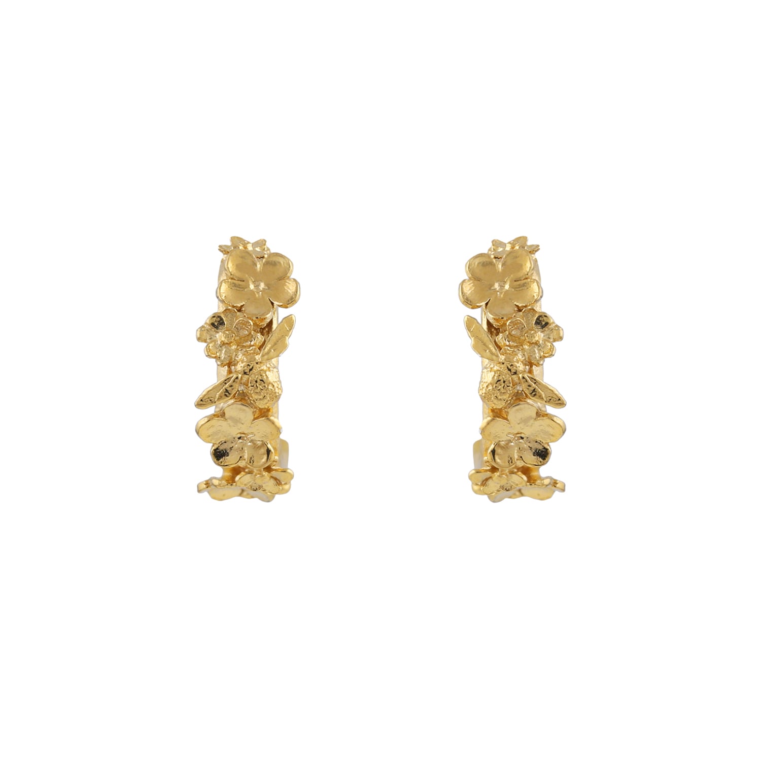 Alex Monroe 22 carat Yellow Gold Vermeil Floral Huggie Hoops with Itsy Bitsy Bee
