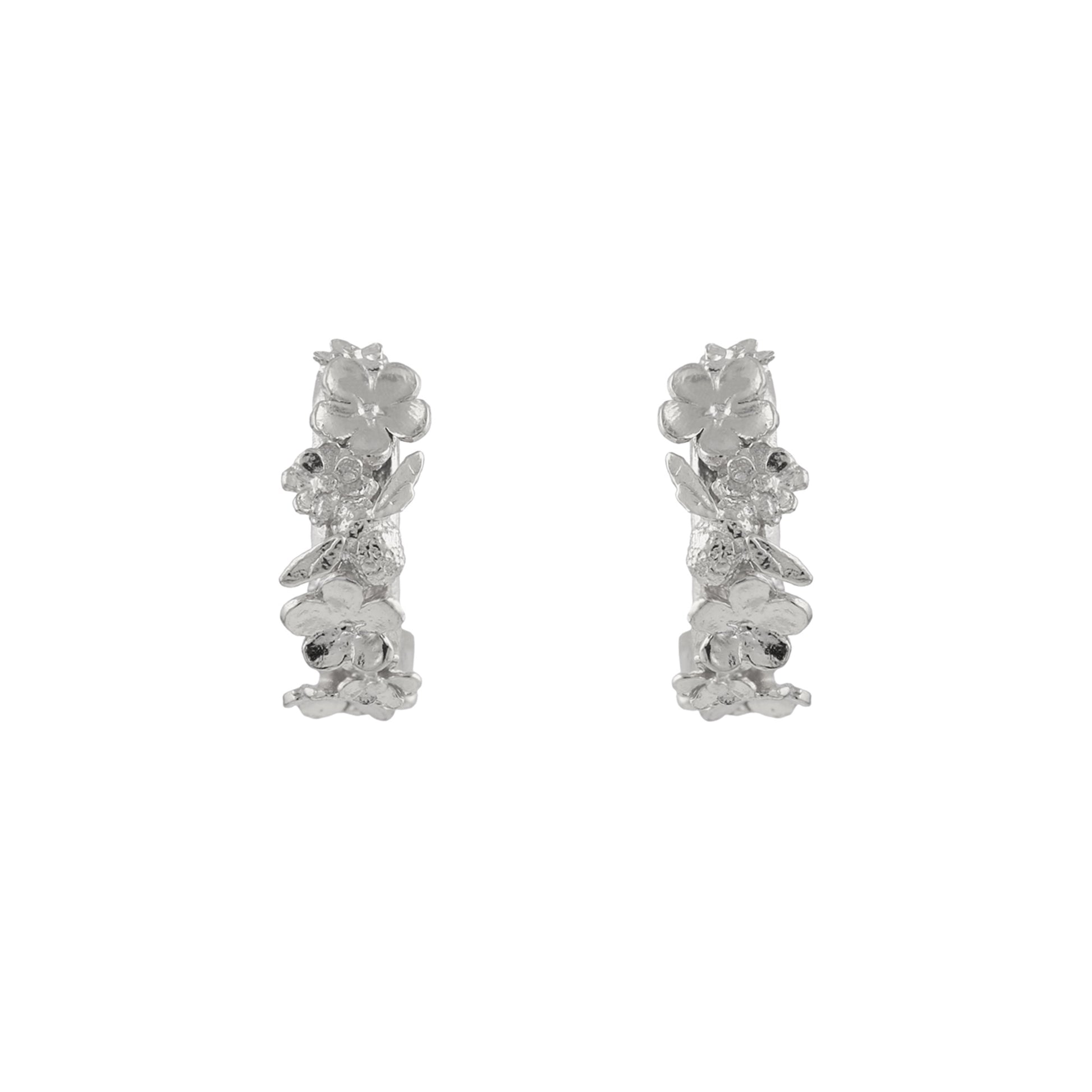 Alex Monroe Sterling Silver Floral Huggie Hoops with Itsy Bitsy Bee