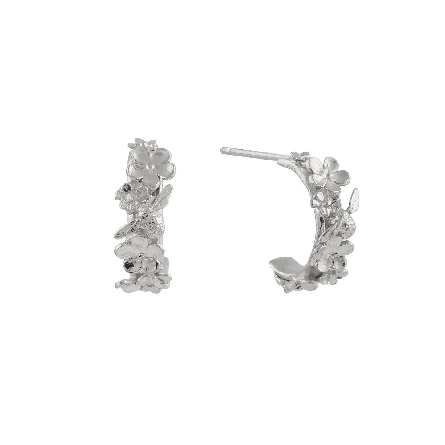 Alex Monroe Sterling Silver Floral Huggie Hoops with Itsy Bitsy Bee