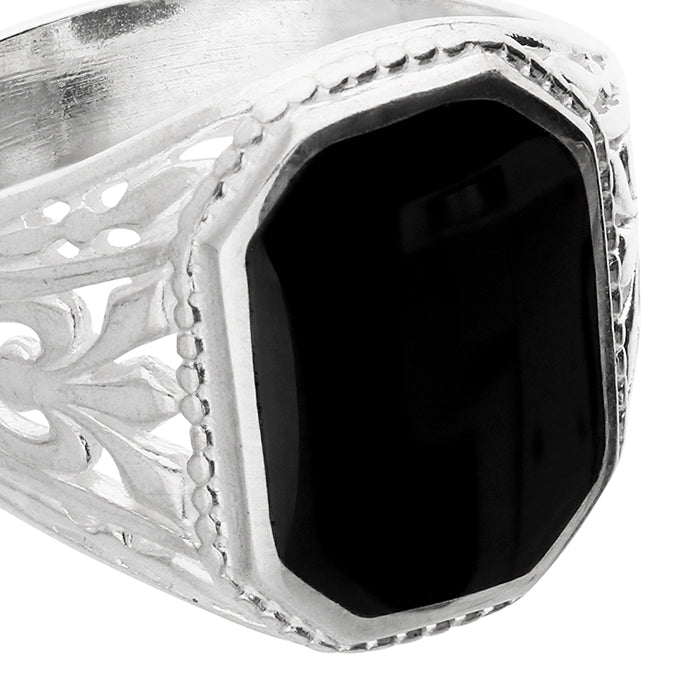 Sterling Silver Decorative Men's Jet Signet Ring