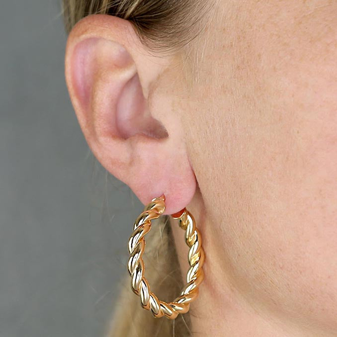 Joli Beau Statement Sterling Silver Yellow Gold 18ct 5mm Chunky Twist 35mm Creole Hoop Earrings