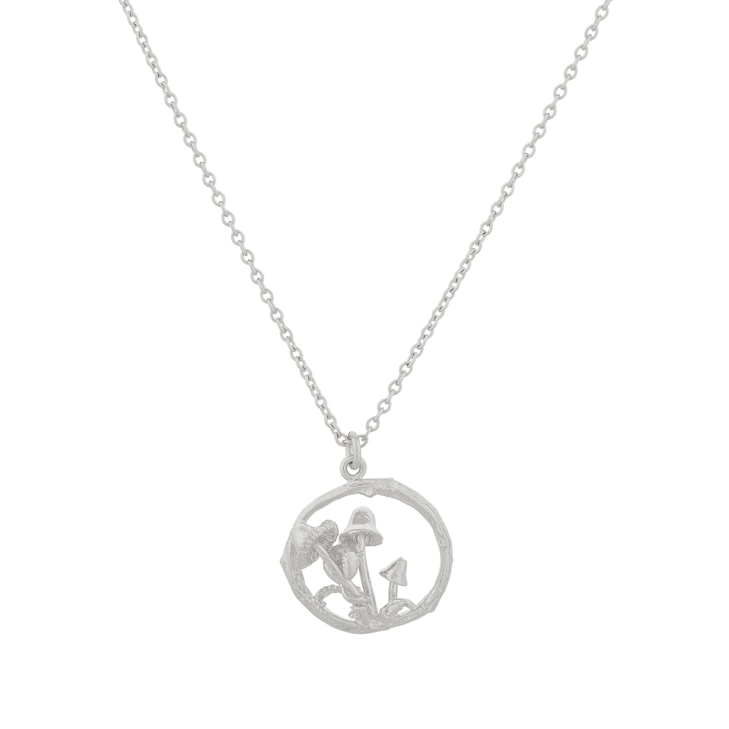 Silver necklace with a circular pendant on a white background