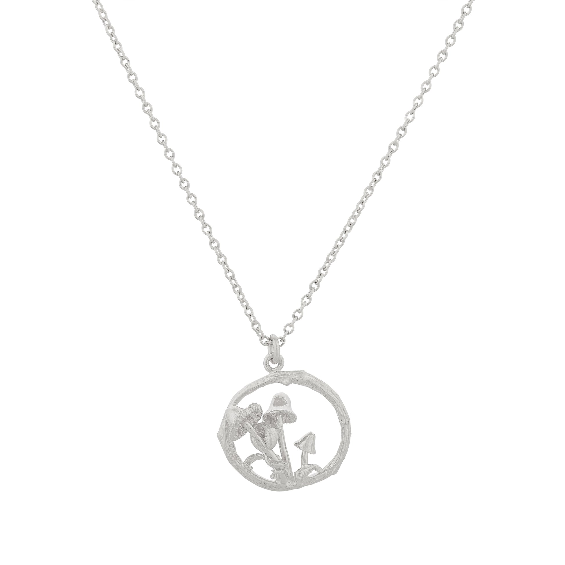 Silver necklace with a circular pendant on a white background