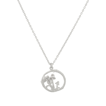Silver necklace with a circular pendant on a white background