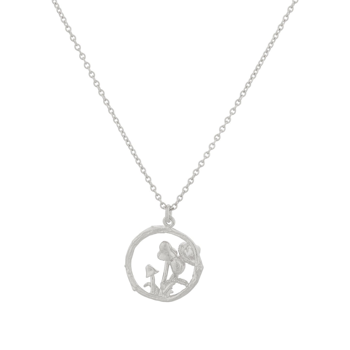 Silver necklace with a circular pendant on a white background