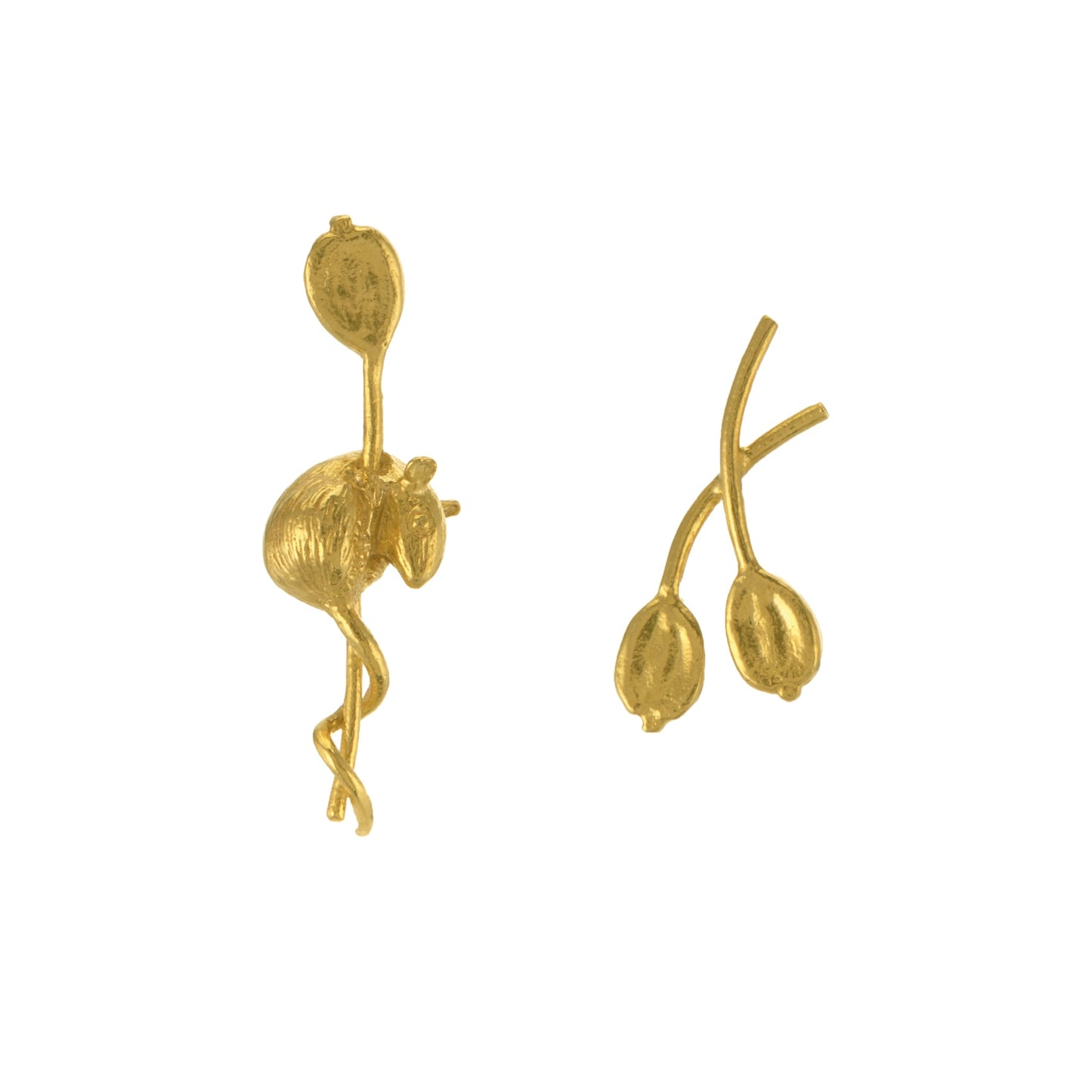 Alex Monroe 22 carat Yellow Gold Vermeil Asymmetric Harvest Mouse & Angelica Stud Earrings