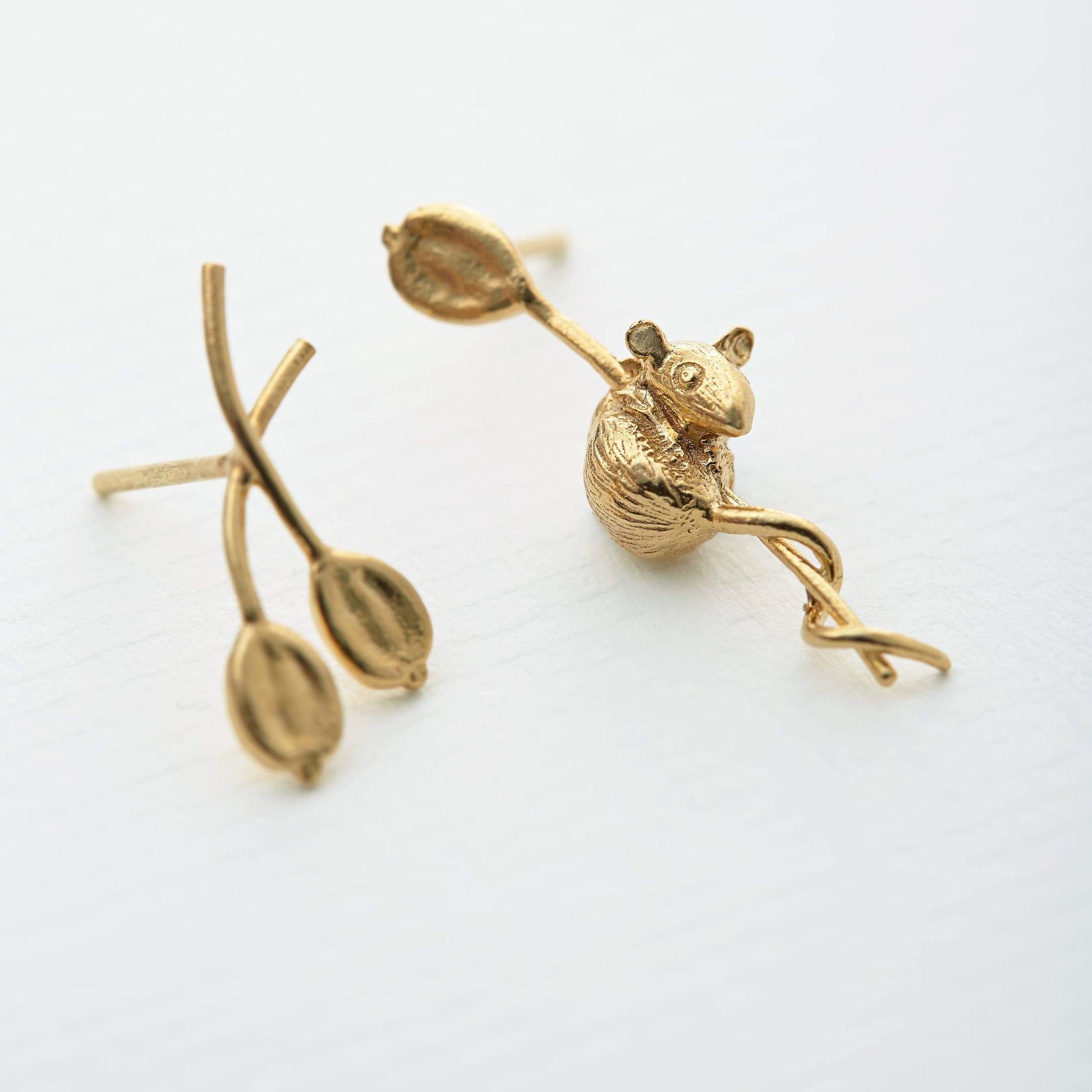 Alex Monroe 22 carat Yellow Gold Vermeil Asymmetric Harvest Mouse & Angelica Stud Earrings